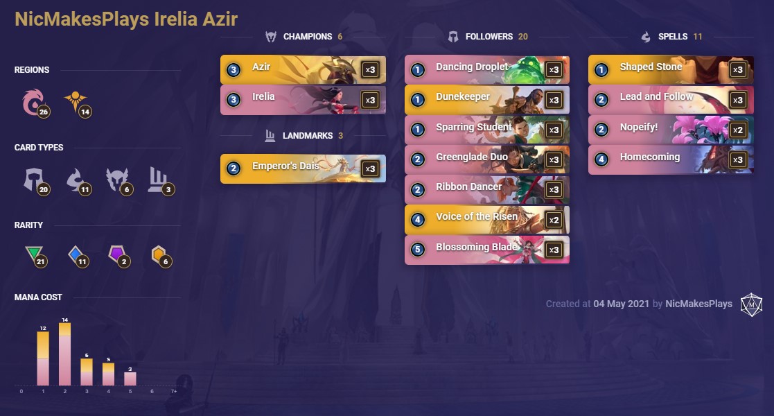6d280a03-nicmakesplays-irelia-azir-lor-deck NicMakesPlays Irelia Azir (LoR Deck)