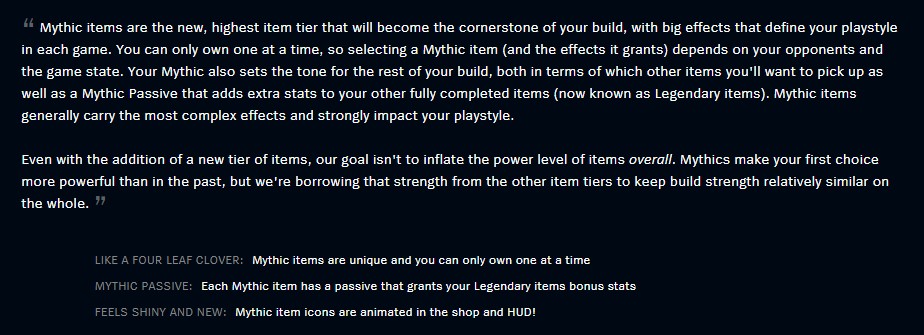 Mythic Items patch notes blurb